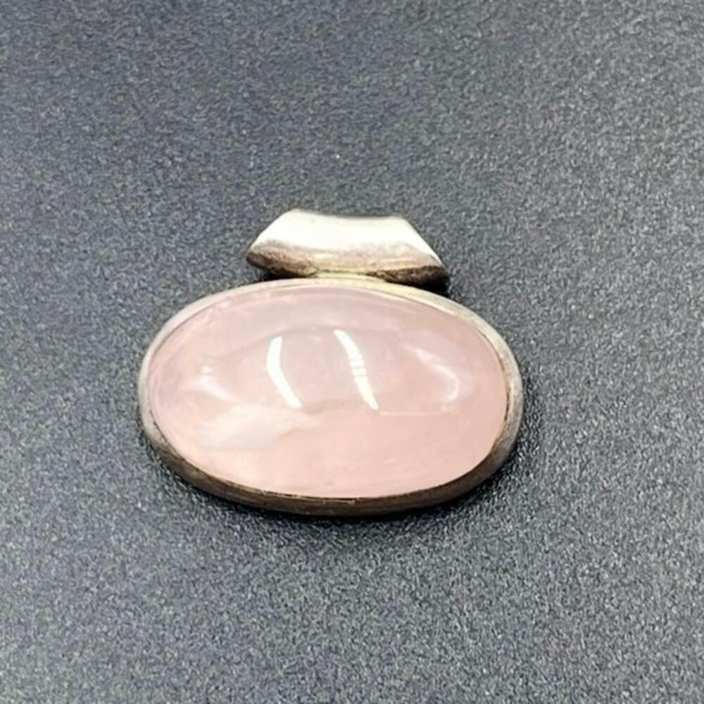 Sterling Silver Oval‎ Bezel Cabochon Pink Rose Quartz Pendant 8.3 grams
